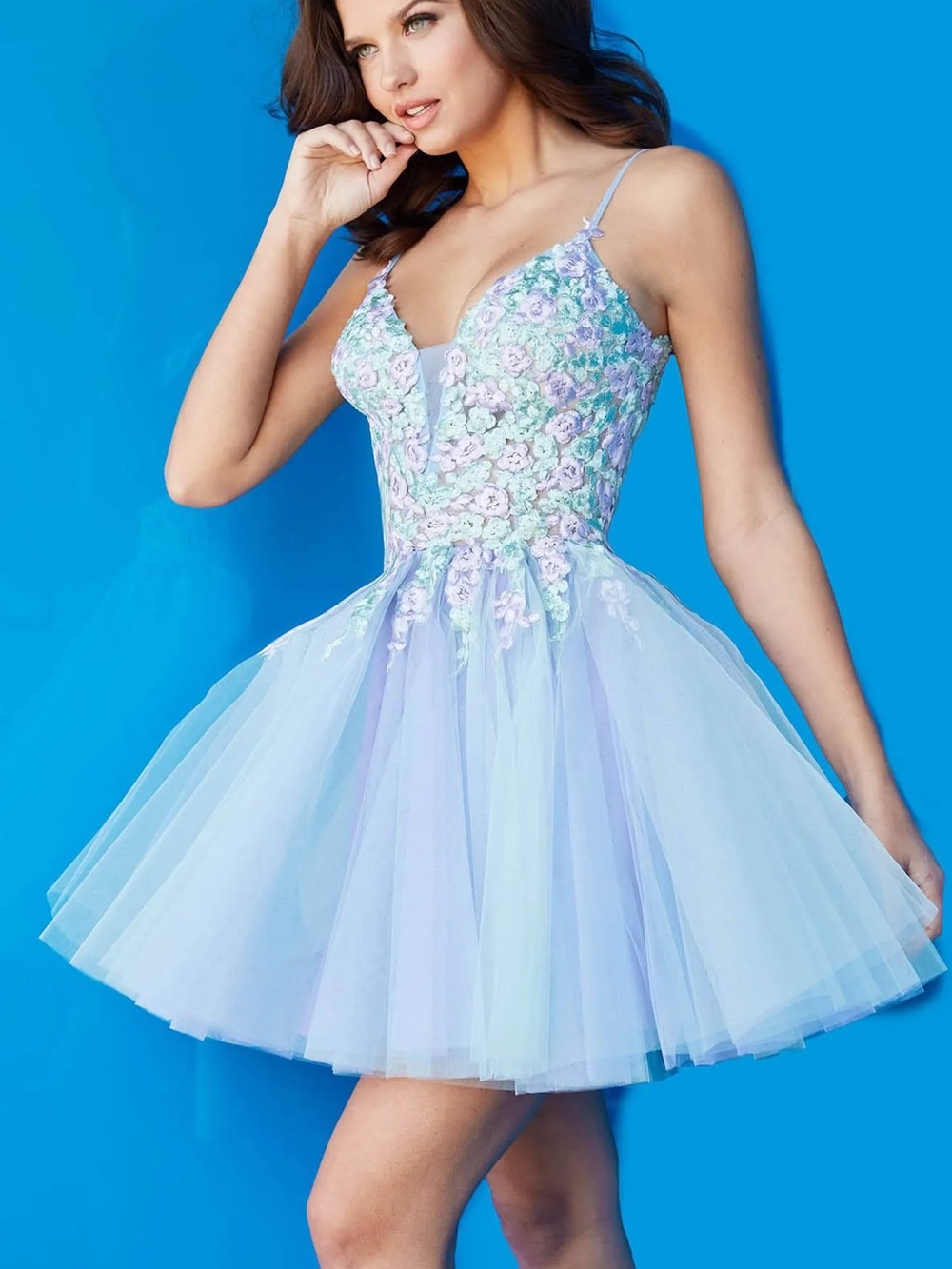 Jovani Lavender Mint Multi-Color Floral Appliqué Mini Dress